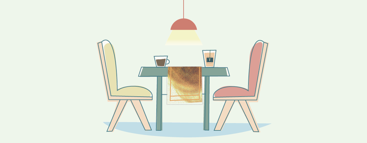 Illustration på ett bord med en kaffe- och en tekopp samt två stolar.