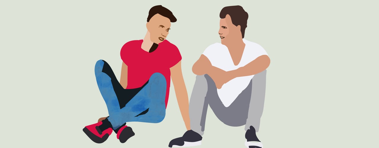Illustration där två pojkar sitter ner på marken och pratar.