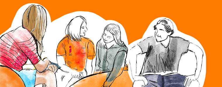 Illustration där fyra ungdomar sitter och pratar runt ett bord.