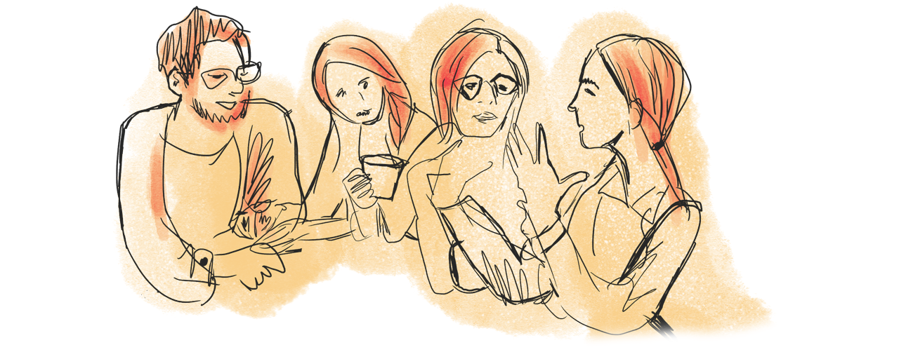 Illustration med fyra personer som pratar med varandra.